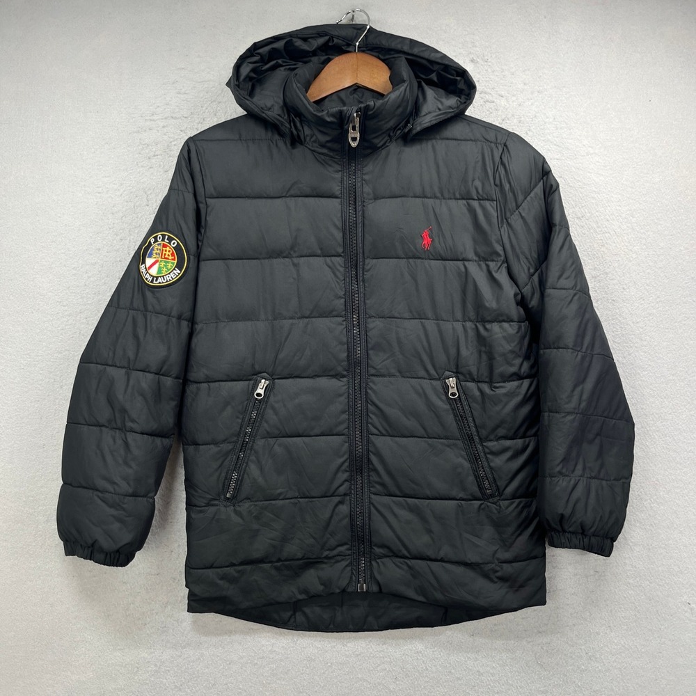 Polo Ralph Lauren Puffer Jacket Boys M 10-12 Black Crest Logo Hooded Winter Coat